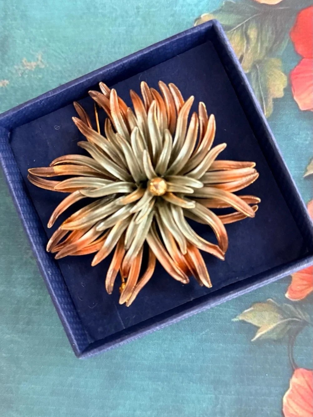 Gold and Green Floral Metal Accent Brooch